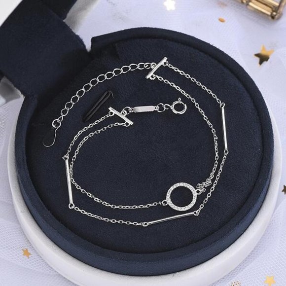 925 Sterling Silver Diamond Circle Bar Bracelet J - Picture 4 of 8